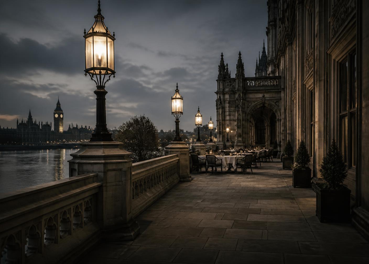 A riverside parliamentary terrace in London at dusk