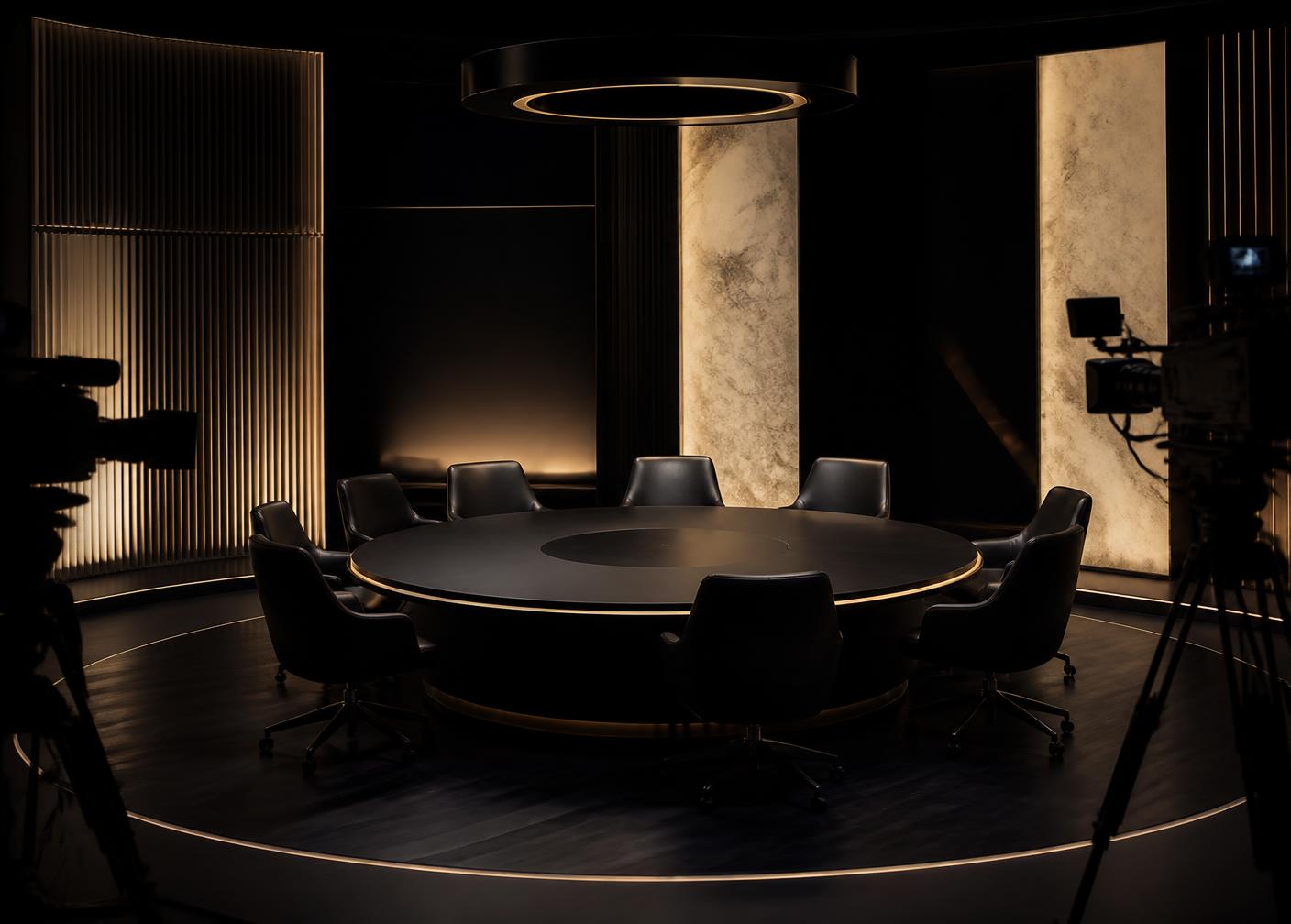 A darkened television studio set arranged for a leadership roundtable